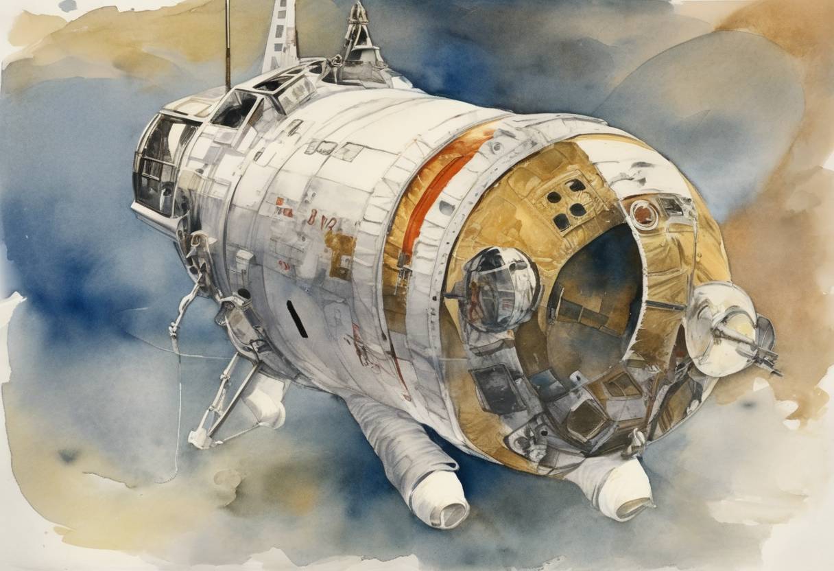 Watercolor painting based depiction of Apollo 13, the seventh crewed mission in the Apollo space program and the third intended to land on the Moon, was launched from Kennedy Space Center. The mission was aborted after an oxygen tank exploded, but the crew returned safely to Earth. (1970)
