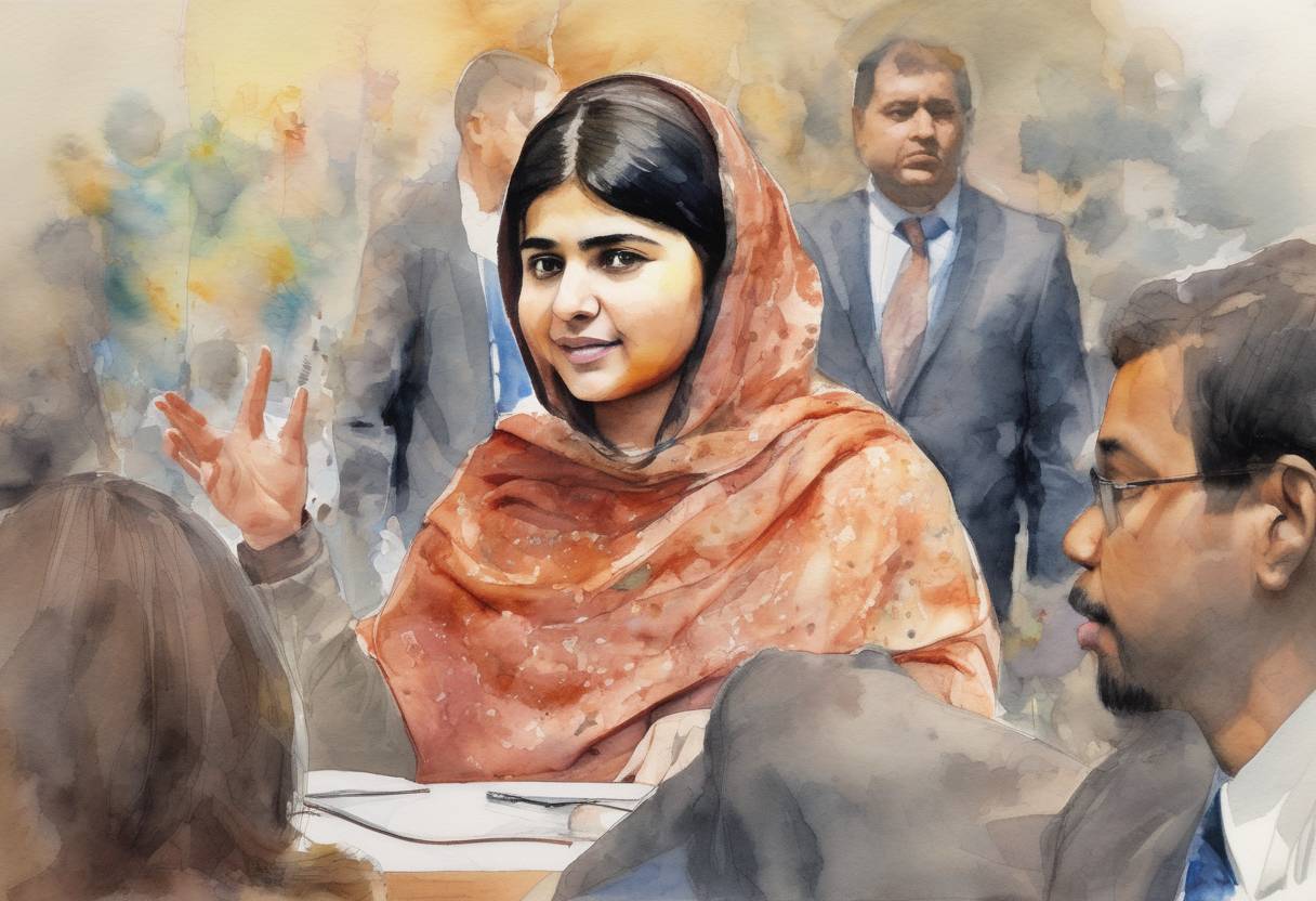 Watercolor painting based depiction of Malala Yousafzai gave a speech at the United Nations advocating for worldwide access to education, marking her 16th birthday as 'Malala Day.' (2013)
