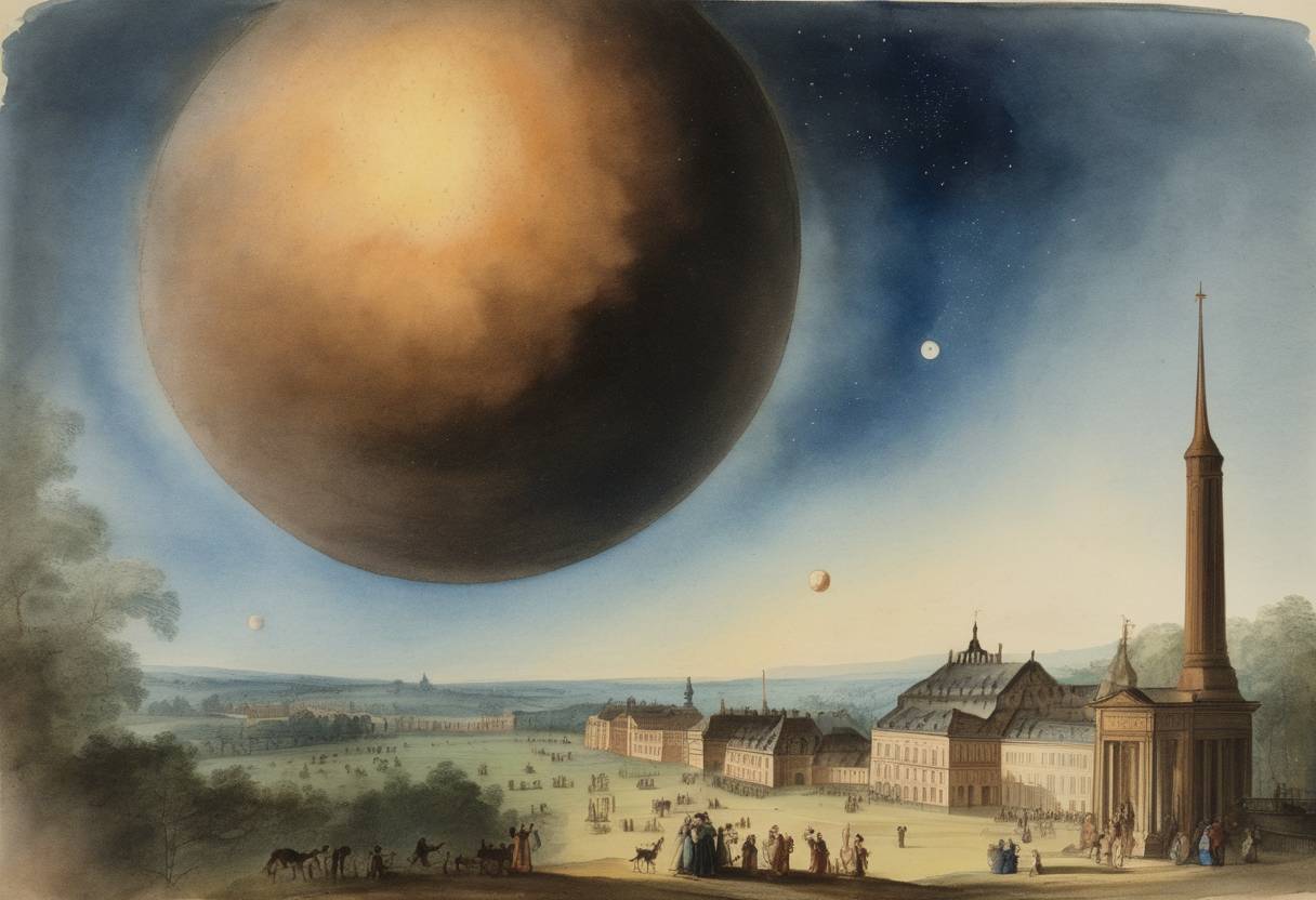 Watercolor painting based depiction of An astronomical congress was convened in Gotha, Germany, marking a significant step in international cooperation among astronomers in observation and celestial studies. (1781)
