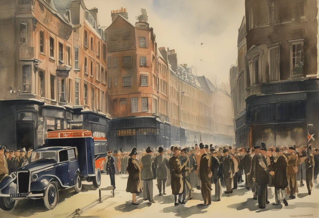 Watercolor painting based depiction of William Joyce, often known as Lord Haw-Haw, was hanged for treason in the United Kingdom. Joyce had gained notoriety for broadcasting Nazi propaganda to Britain during World War II. (1946)