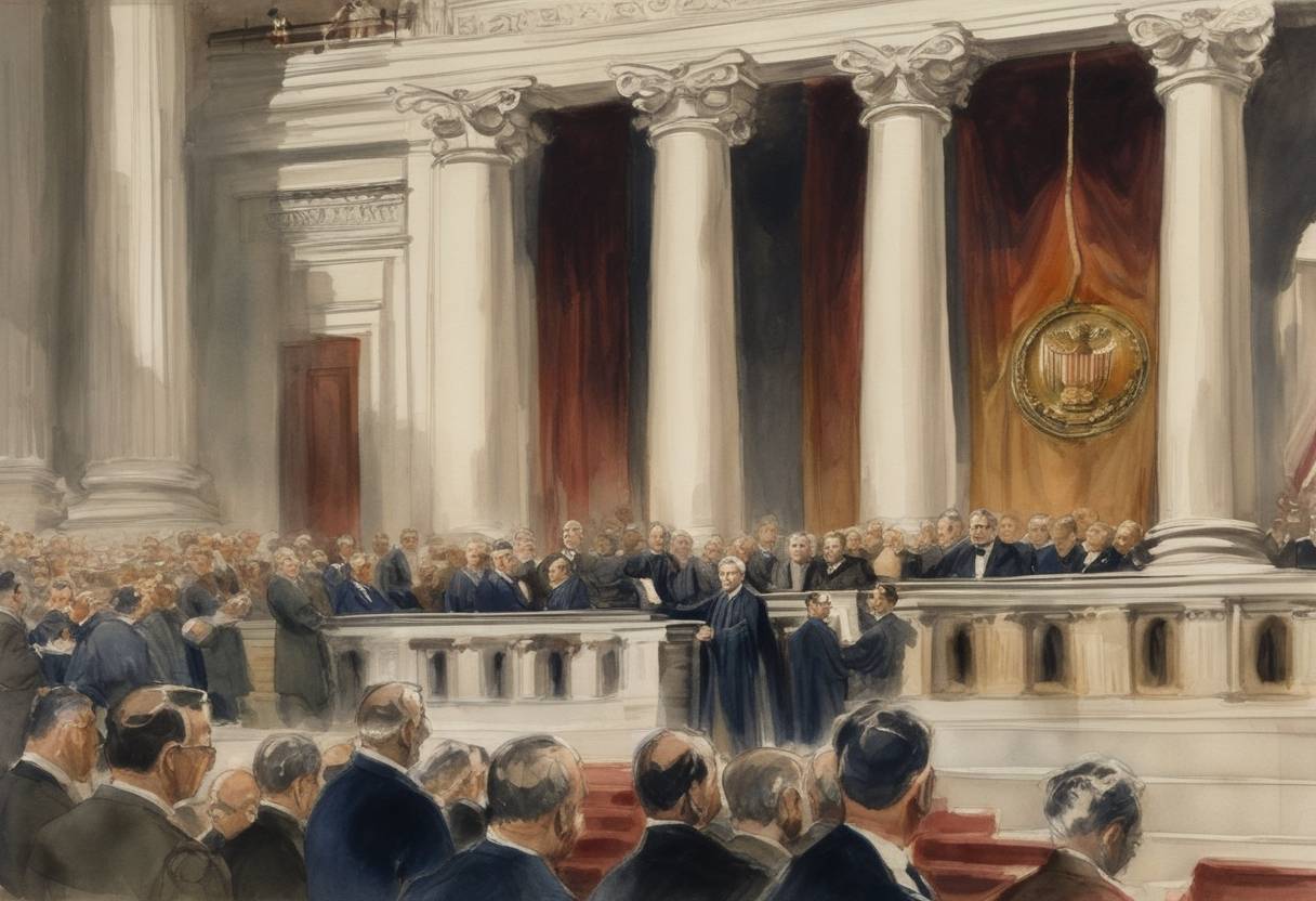 Watercolor painting based depiction of Louis Brandeis is sworn in as a Justice of the United States Supreme Court, making history as the first Jewish person to hold this position. (1916)