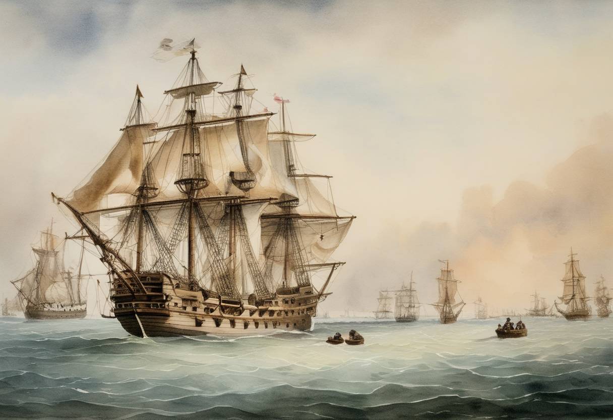 Watercolor painting based depiction of The First Fleet of ships carrying convicted criminals from England to establish a penal colony in Australia, set sail from Portsmouth. (1787)