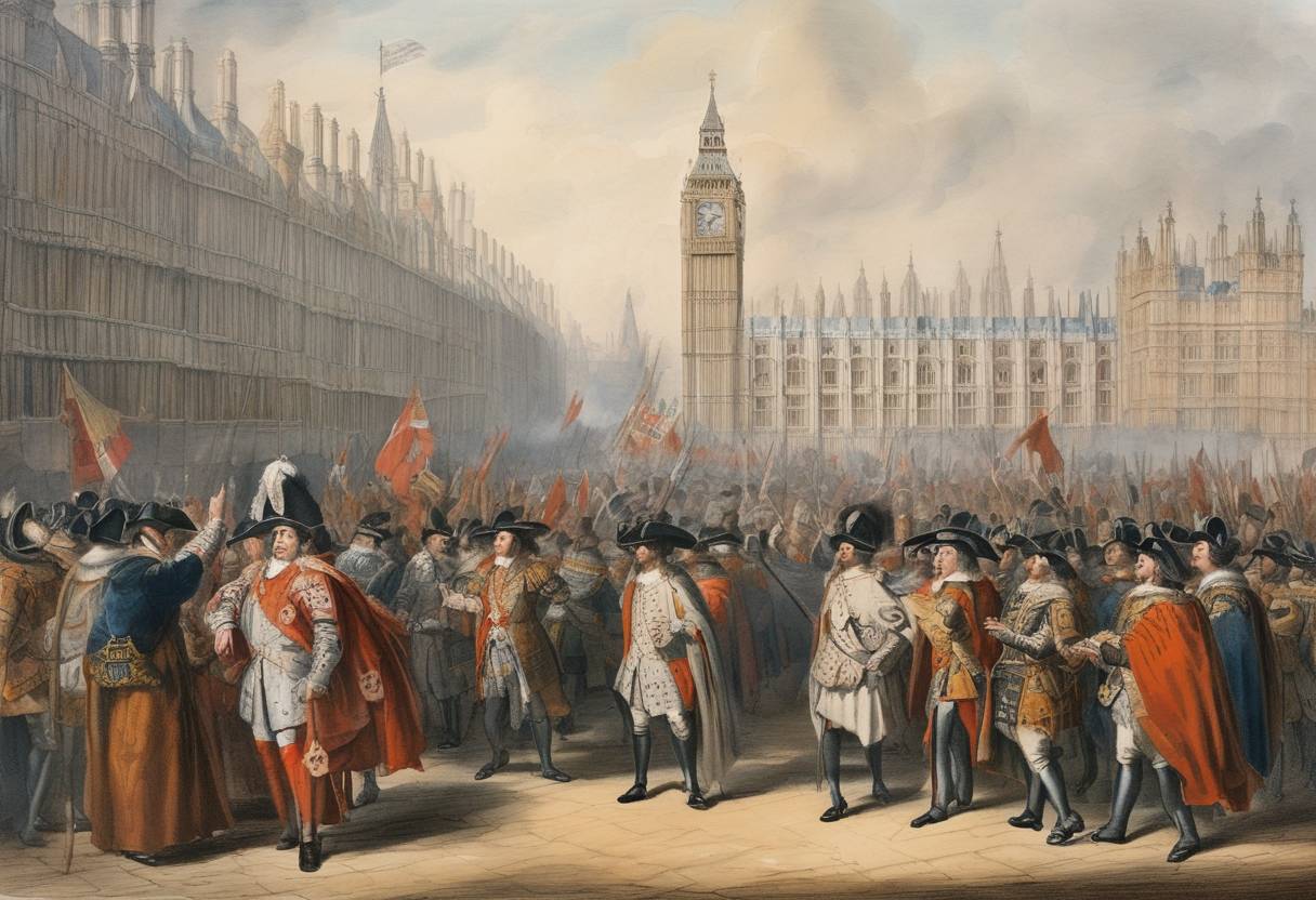 Watercolor painting based depiction of The Long Parliament in England formally executes Royalist commander William Laud, the Archbishop of Canterbury, signaling a significant power struggle during the English Civil War. (1644)