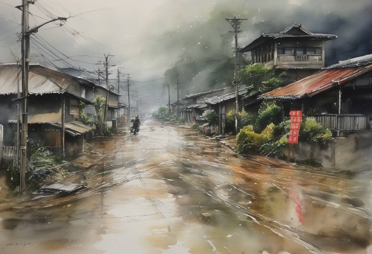 Watercolor painting based depiction of Typhoon Morakot made landfall in Taiwan, initiating widespread flooding and leading to significant fatalities and damage. (2009)