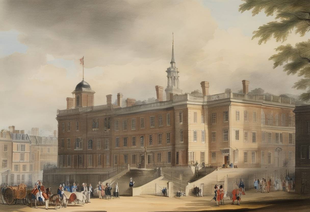 Watercolor painting based depiction of Cecil Calvert, 2nd Baron Baltimore, receives a royal grant for the colony that would become Maryland, laying the foundations for significant future developments. (1789)