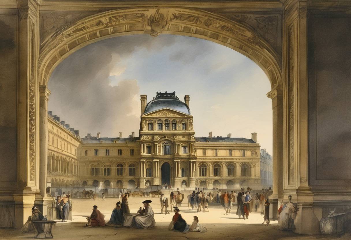 Watercolor painting based depiction of The Louvre Museum in Paris is officially opened as a public museum, with an exhibition of 537 paintings. (1793)