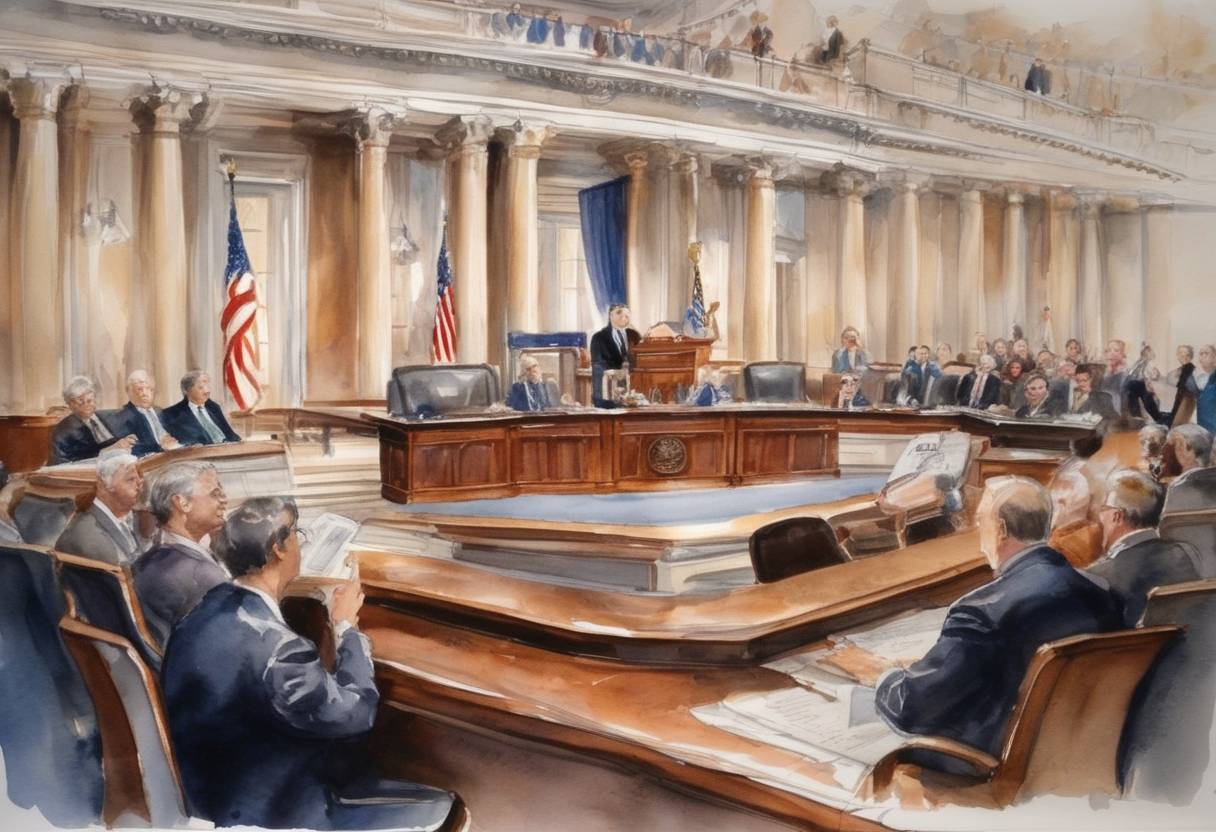 Watercolor painting based depiction of The United States House of Representatives passes the North American Free Trade Agreement (NAFTA), representing a crucial step in its ratification process. (1993)