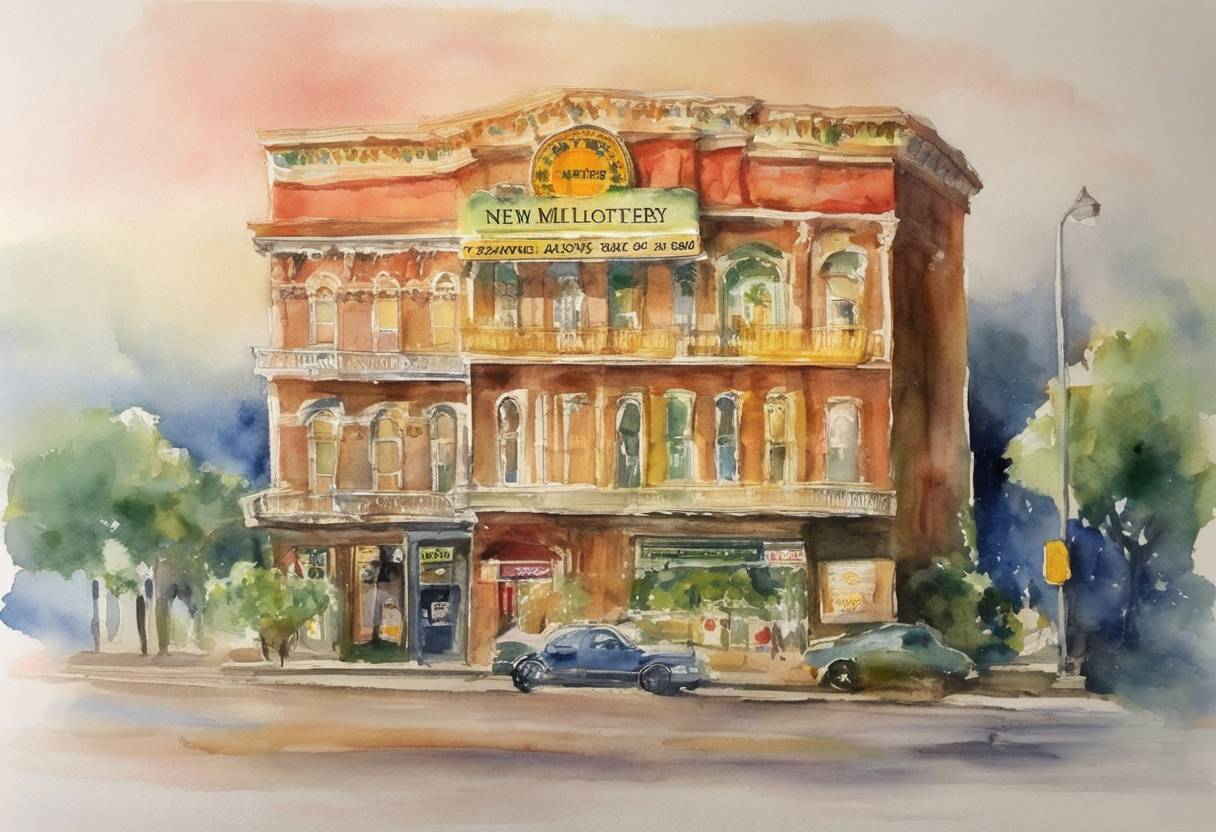 Watercolor painting based depiction of Mega Millions lottery sets new world record for largest jackpot in the history of the lottery game at $390 million, split between two winners. (2007)