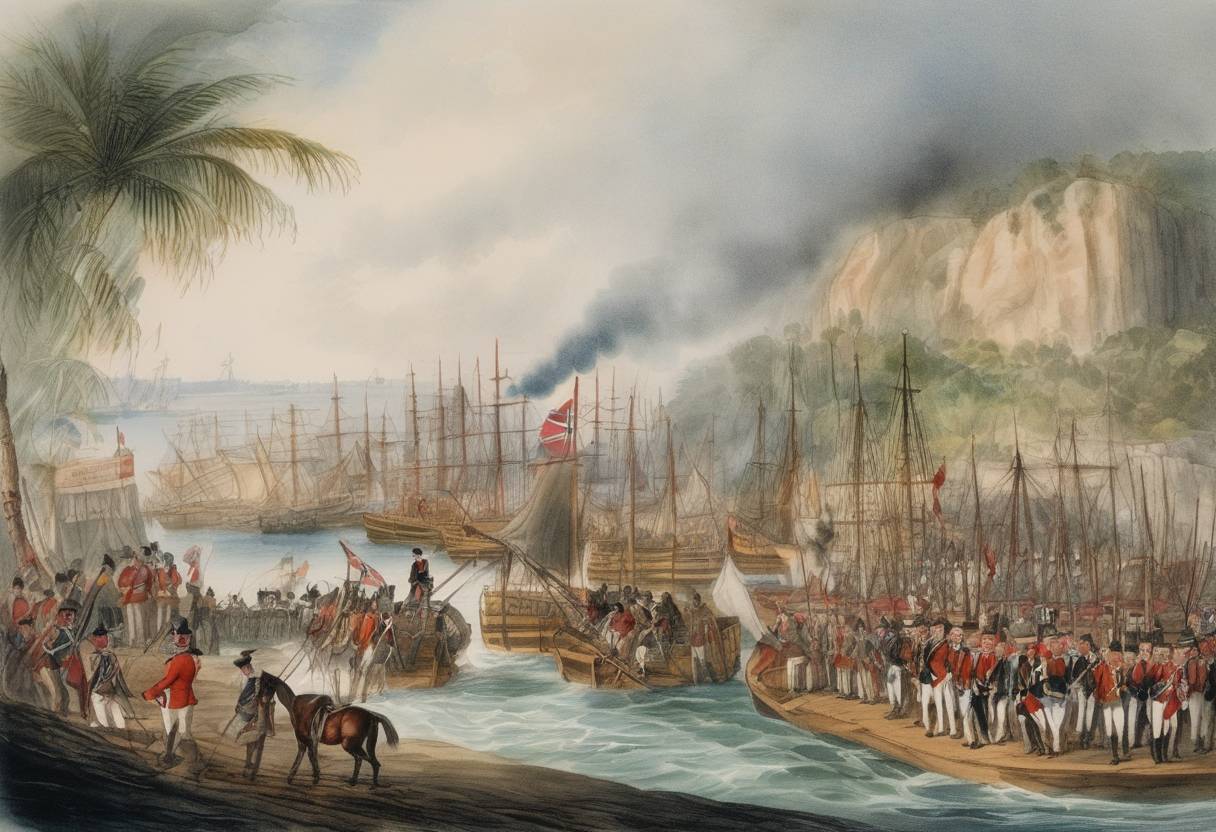 Watercolor painting based depiction of The Rum Rebellion takes place in Australia when Governor William Bligh is overthrown by the New South Wales Corps. (1808)
