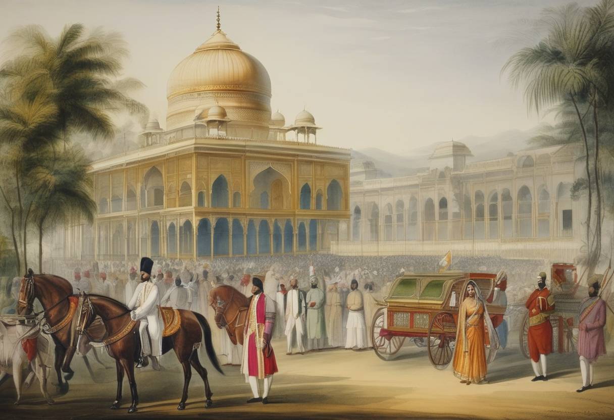 Watercolor painting based depiction of The British India Company comes to an agreement with the Nizam of Hyderabad under the Subsidiary Alliance system. (1799)