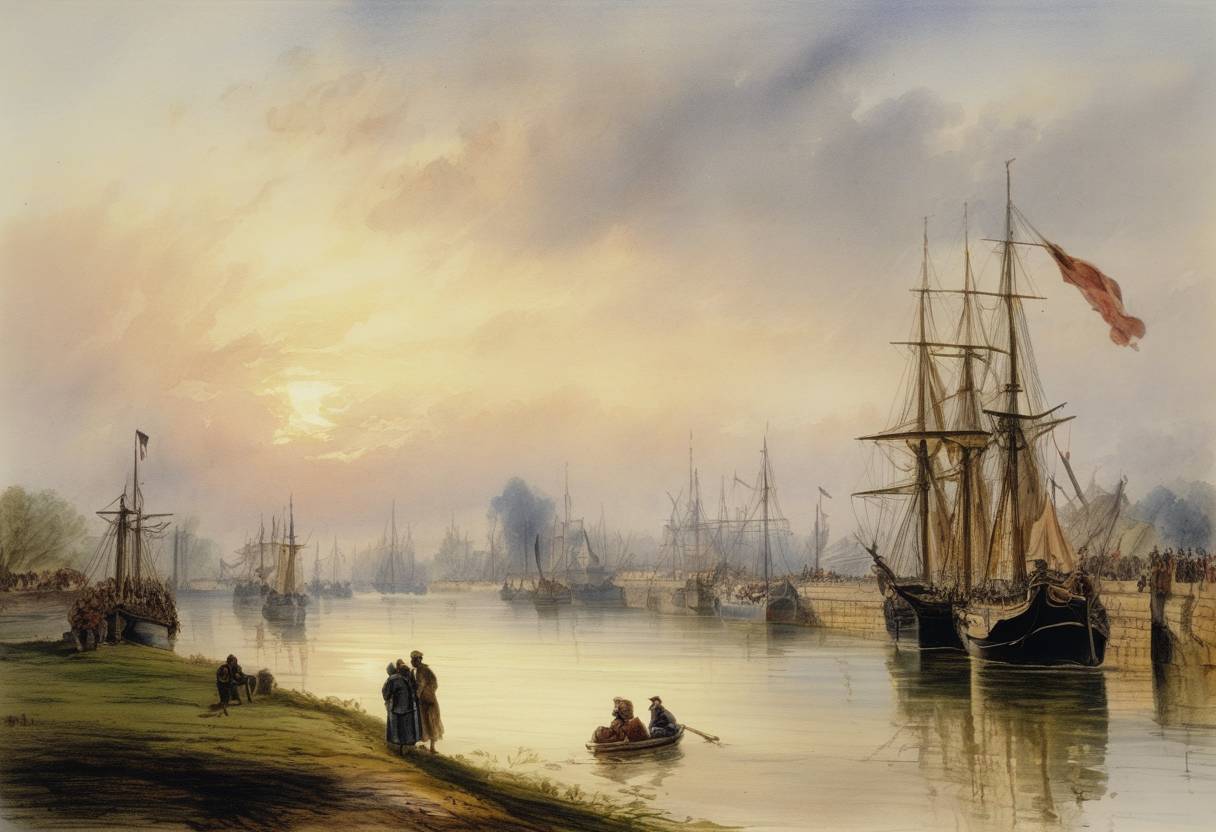 Watercolor painting based depiction of The Peace of Bretigny was ratified as the Treaty of London in a revised form between England and France, ending the first phase of the Hundred Years' War. However, this was not fully adhered to and the conflict continued. (1359)