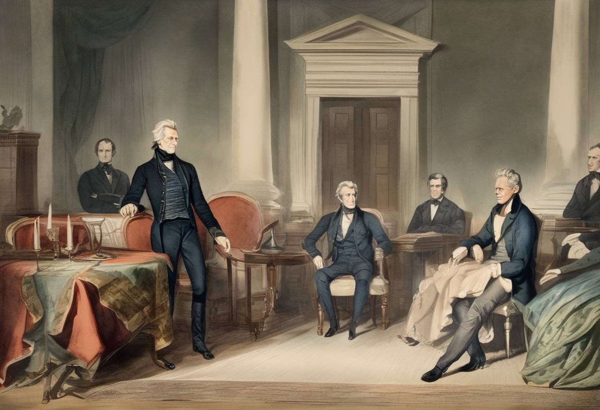 Watercolor painting based depiction of Andrew Jackson, the seventh President of the United States, died at his plantation, the Hermitage, near Nashville, Tennessee. He was known for his influential role in American politics, including his involvement in the nullification crisis and Indian removal policies. (1845)