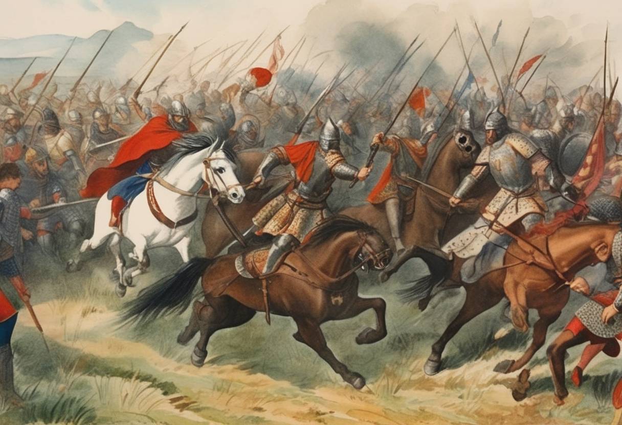 Watercolor painting based depiction of Battle of Picotin: Ferdinand of Majorca defeats the forces of Matilda of Hainaut and Louis of Burgundy in Koutifari (Messenia, Greece). (1316)