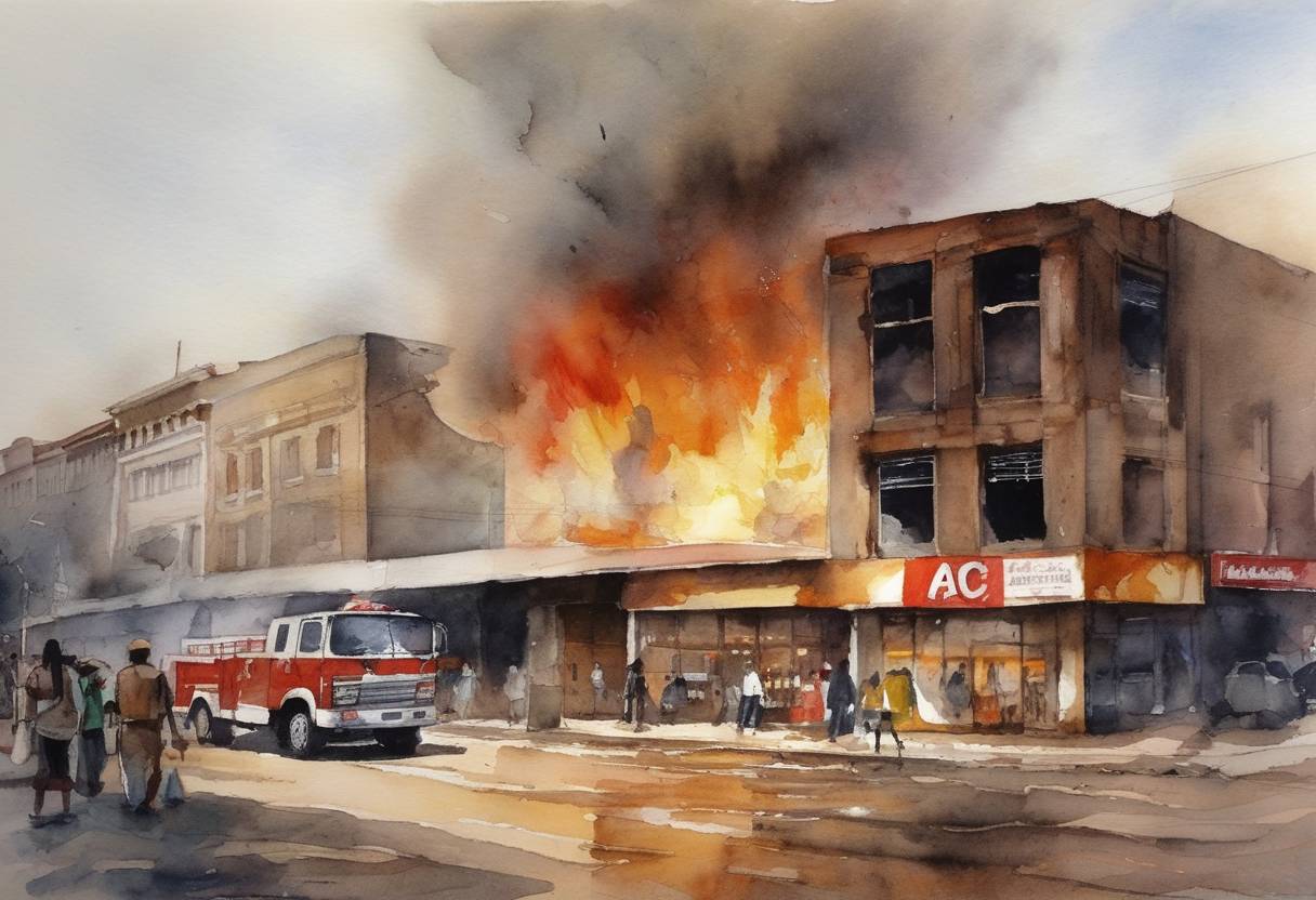 Watercolor painting based depiction of A supermarket fire in Asunción, Paraguay, results in the death of at least 396 people and injures over 500 others in one of the worst fire disasters in the country's history. (2004)