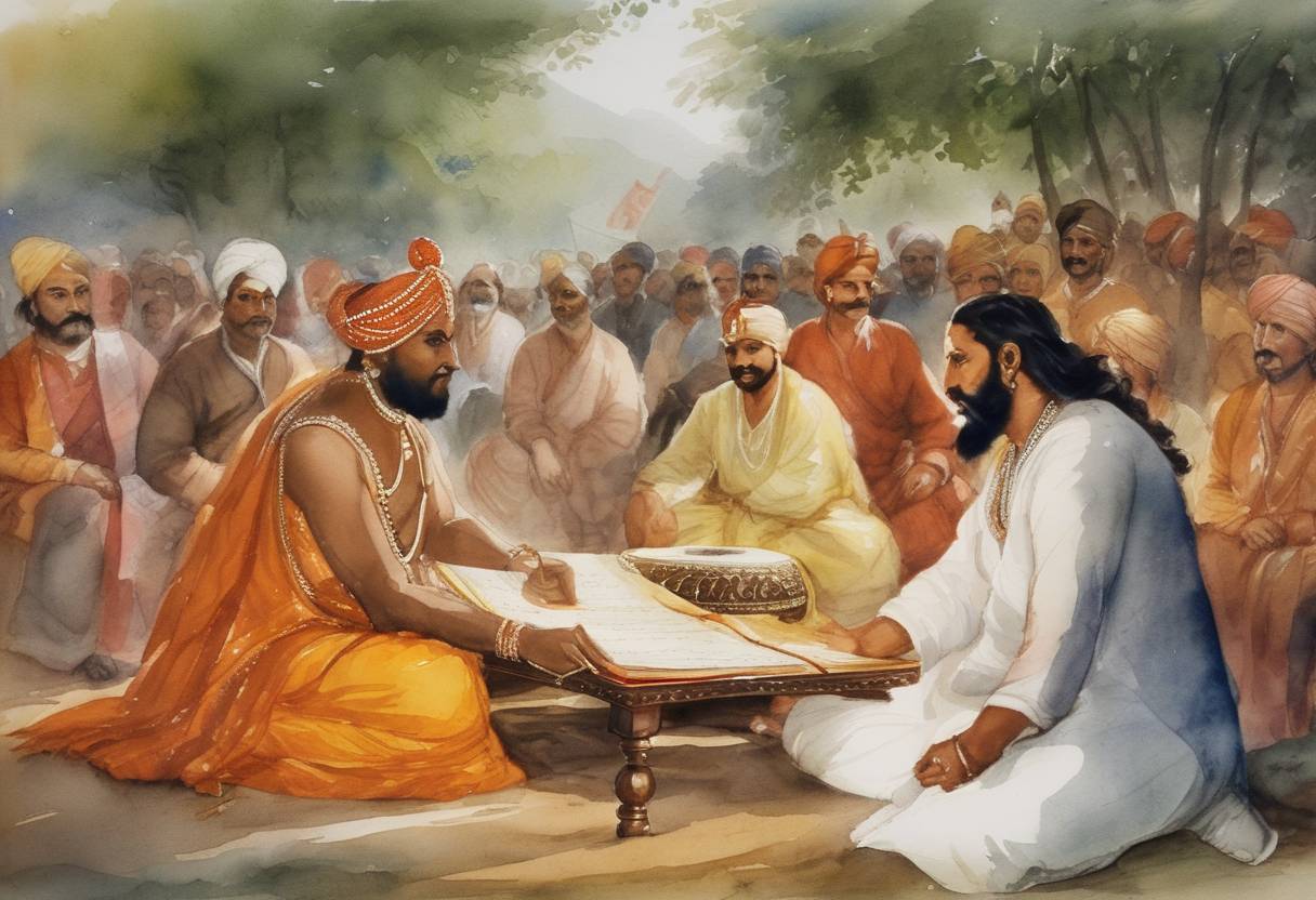 Watercolor painting based depiction of Shivaji, a prominent Maratha leader, and Mughal general Jai Singh I signed the Treaty of Purandar, resulting in temporary peace between the Maratha Empire and the Mughal Empire. (1666)