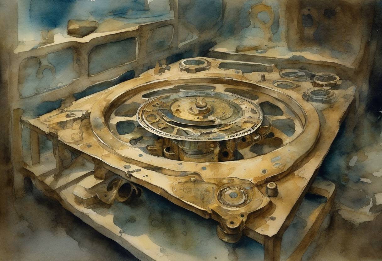 Watercolor painting based depiction of The Antikythera mechanism, an ancient Greek analog computer, was discovered off the coast of the Greek island Antikythera by a team of Greek sponge divers. (1902)