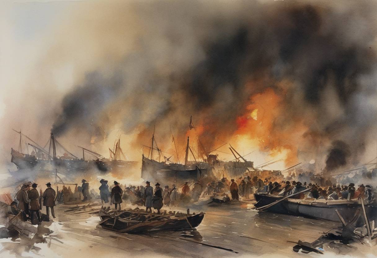 Watercolor painting based depiction of The Kronstadt Rebellion began as a major unsuccessful uprising against the Bolsheviks in the later years of the Russian Civil War. (1921)