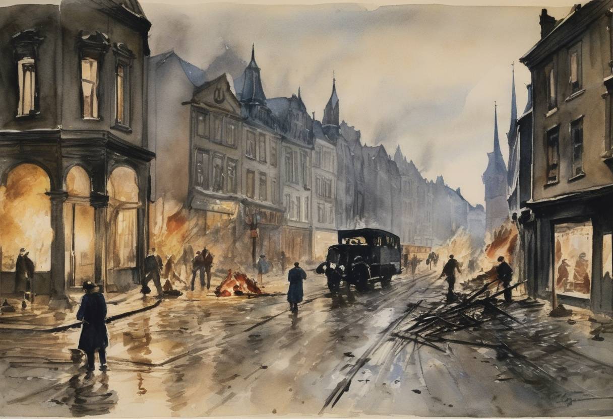 Watercolor painting based depiction of Kristallnacht, also known as the Night of Broken Glass, took place. This pogrom against Jews was carried out by SA paramilitary forces and civilians throughout Nazi Germany, marking a significant escalation in the Nazi regime's persecution of Jews. (1938)