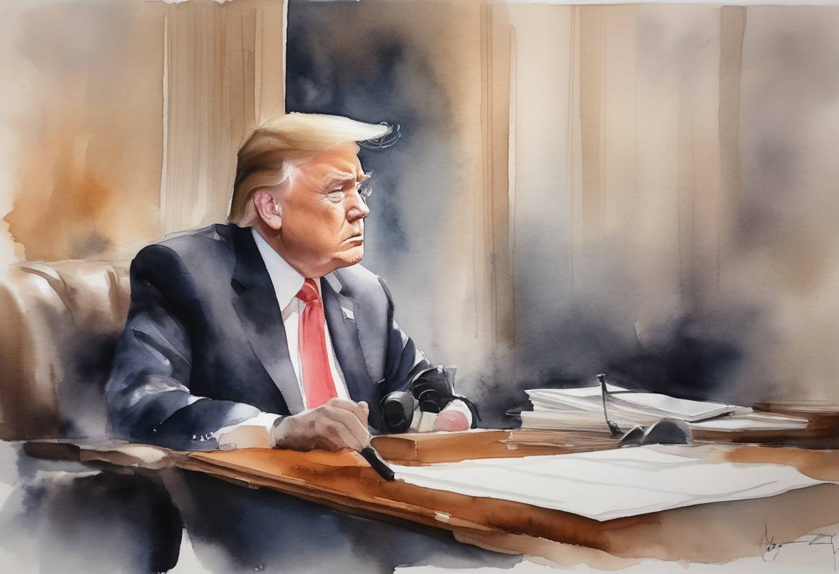 Watercolor painting based depiction of The Appellate Division of the New York Supreme Court suspended former President Donald Trump's personal lawyer, Rudy Giuliani, from practicing law after ruling that he made false statements while trying to overturn the 2020 presidential election results. (2021)
