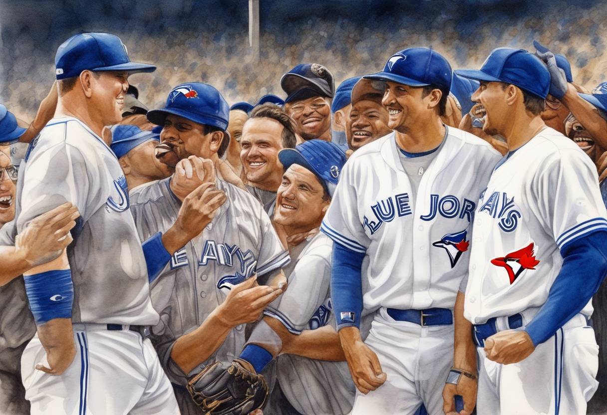 Watercolor painting based depiction of The Toronto Blue Jays become the first Major League Baseball team based outside the United States to win the World Series, defeating the Atlanta Braves. (1992)