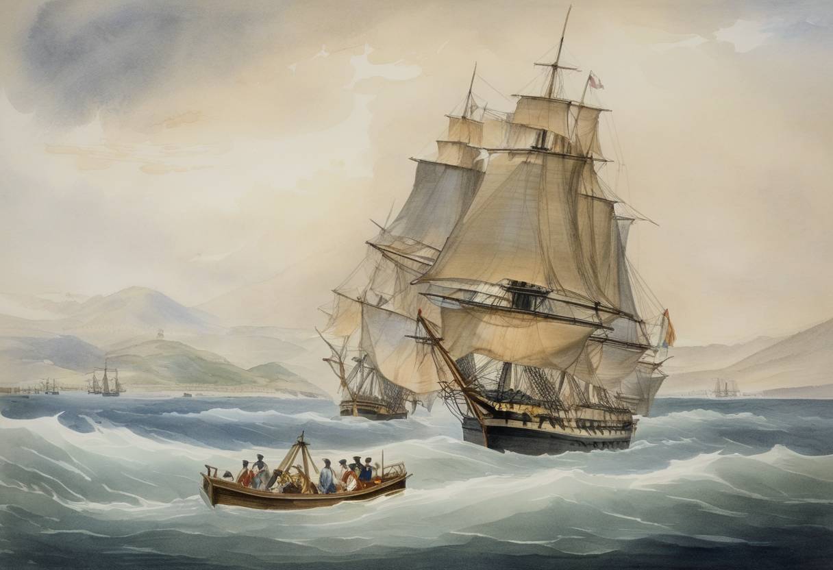 Watercolor painting based depiction of The action of 18 June 1799 took place during the French Revolutionary Wars when British Navy frigate HMS Sybille captured French frigate Forte near the island of Mauritius. (1799)