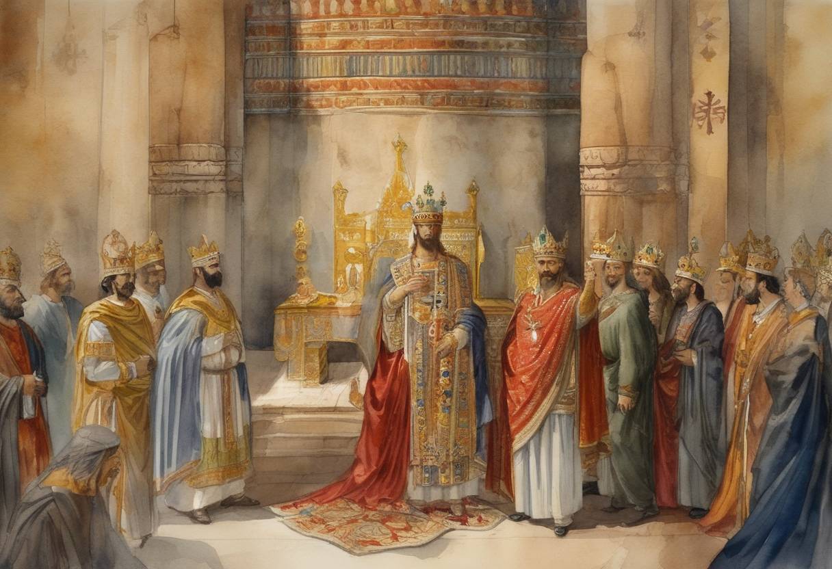 Watercolor painting based depiction of Leo the Isaurian is crowned as the Byzantine Emperor. His reign initiates the Isaurian dynasty and becomes notable for significant administrative reforms and religious edicts, including the controversy over iconoclasm. (717)