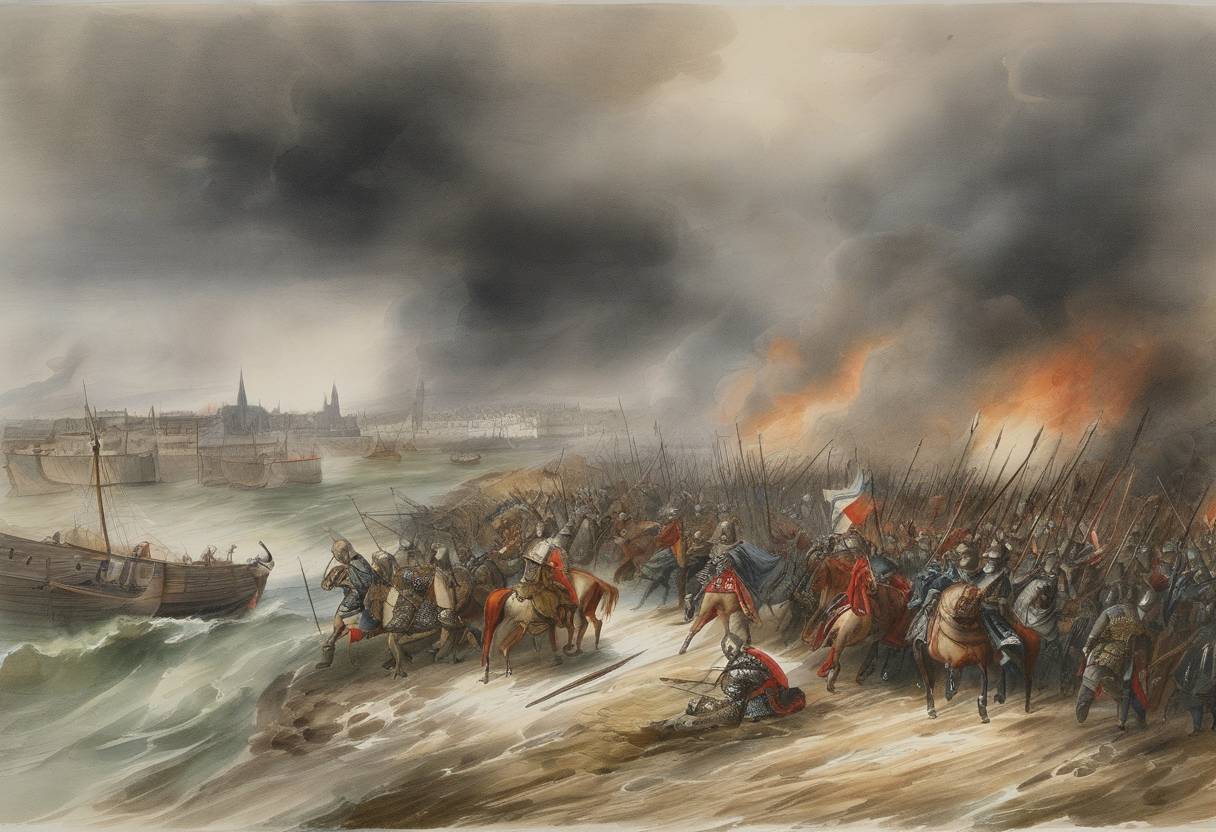 Watercolor painting based depiction of A major storm forces the English army, led by King Edward III, to abandon its siege of Paris and retreat to the safety of the English-held territory of Calais. (1360)