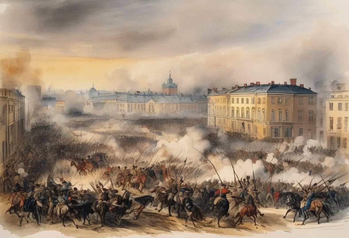 Watercolor painting based depiction of The November Uprising against Russian rule begins in Warsaw with an attack on the Belweder Palace, starting an armed rebellion that lasts almost a year. (1830)