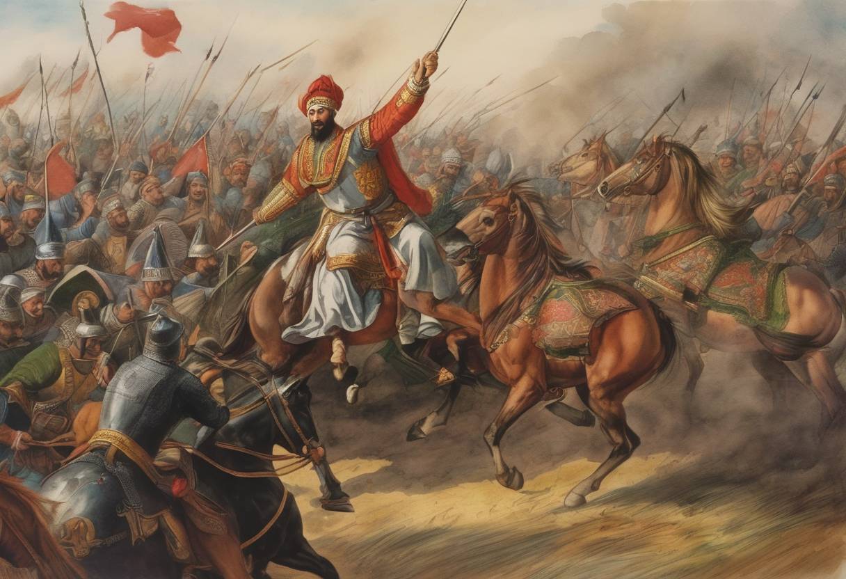 Watercolor painting based depiction of Suleiman the Magnificent leads the Ottoman Empire in a decisive victory over the Hungarians at the Battle of Mohács, marking the end of the medieval Kingdom of Hungary and establishing Ottoman dominance in central Europe. (1520)