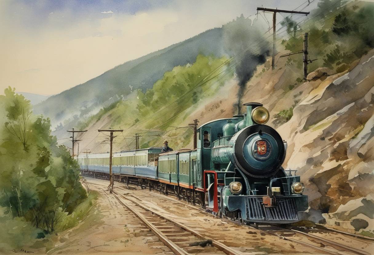 Watercolor painting based depiction of The first section of the Trans-Siberian Railway was completed, significantly enhancing connectivity across Russia by linking the western city of Chelyabinsk with Vladivostok on the eastern coast. The railway played a crucial role in opening Siberia to more rapid settlement and commercial exploitation. (1902)