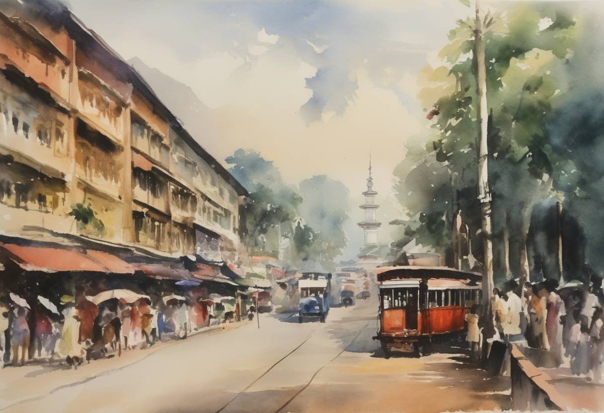 Watercolor painting based depiction of Malaysian Federation was formally established, comprising Malaya, Singapore, North Borneo (now Sabah), and Sarawak. (1963)