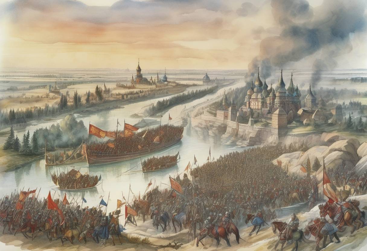 Watercolor painting based depiction of The Great Stand on the Ugra River, a standoff between the forces of the Grand Duchy of Moscow and the Golden Horde, effectively ends without a battle, marking the end of Mongol domination over Moscow. (1480)