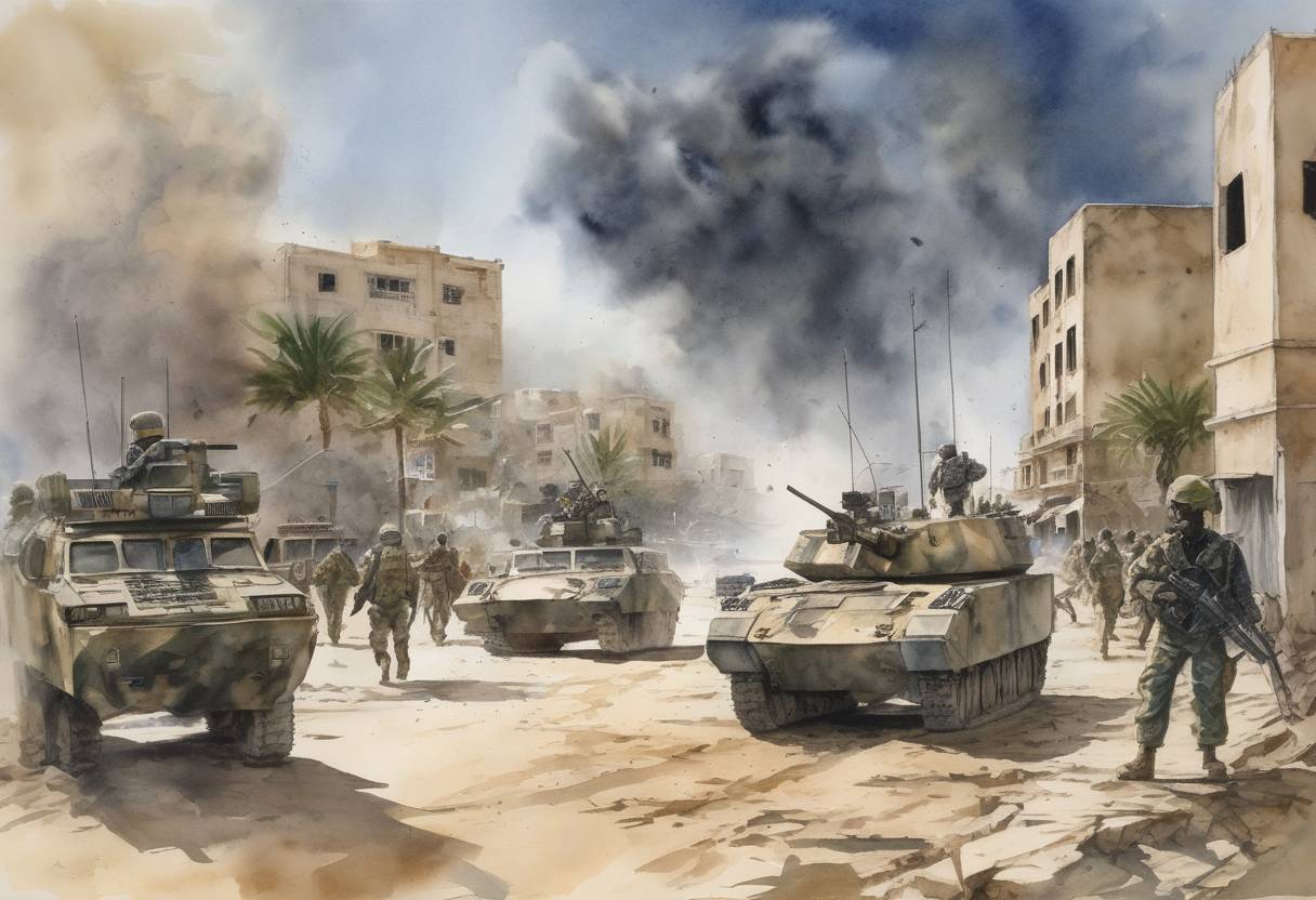 Watercolor painting based depiction of The Battle of Mogadishu began, a part of Operation Gothic Serpent, involving U.S. forces in Somalia. (1993)