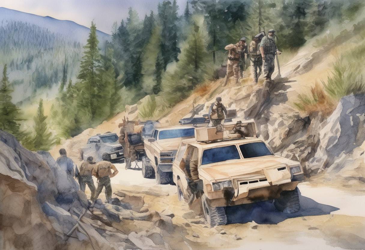 Watercolor painting based depiction of The Ruby Ridge standoff began in Idaho, involving Randy Weaver, his family, and federal agents, leading to a deadly confrontation. (1992)