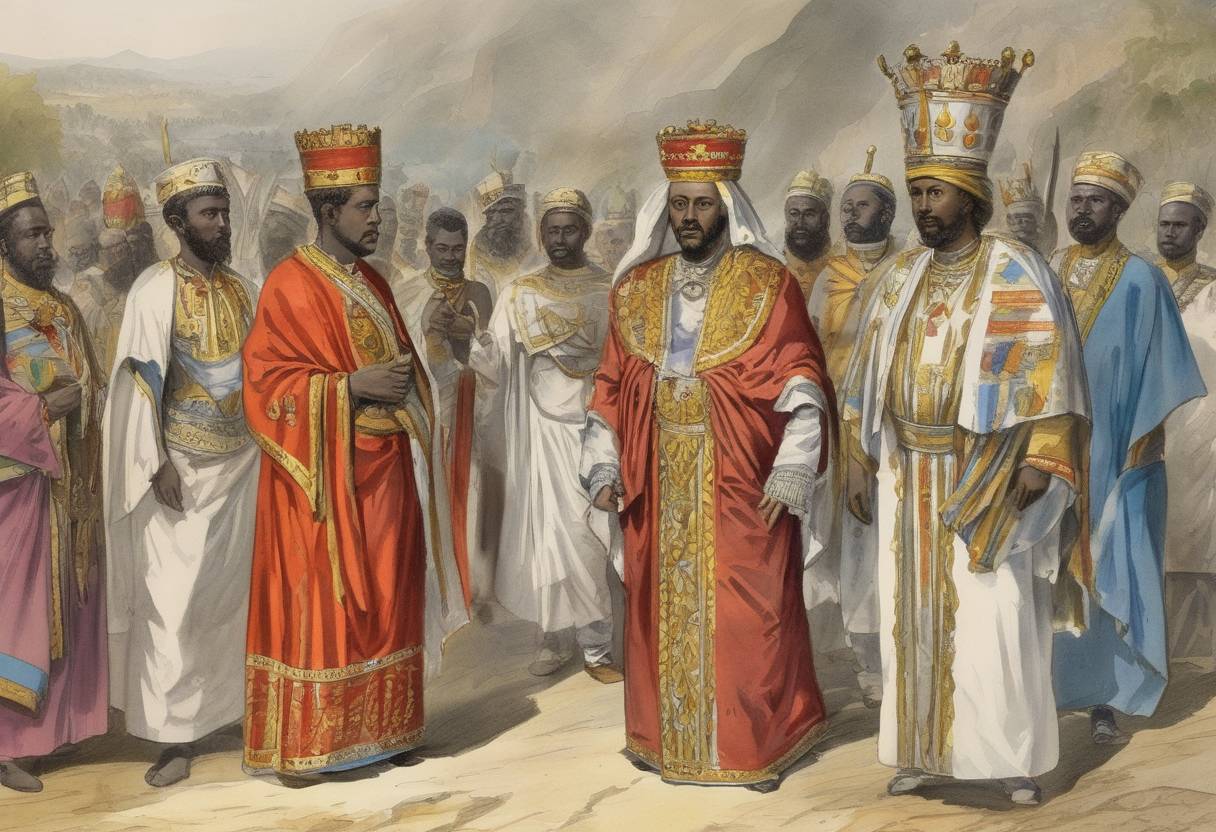 Watercolor painting based depiction of Yohannes IV is crowned Emperor of Ethiopia in Axum, marking a significant period in Ethiopian history. (1872)
