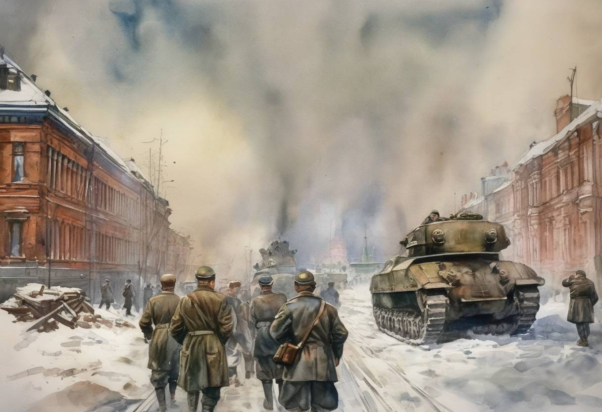 Watercolor painting based depiction of The Siege of Leningrad by German forces begins during World War II. (1941)