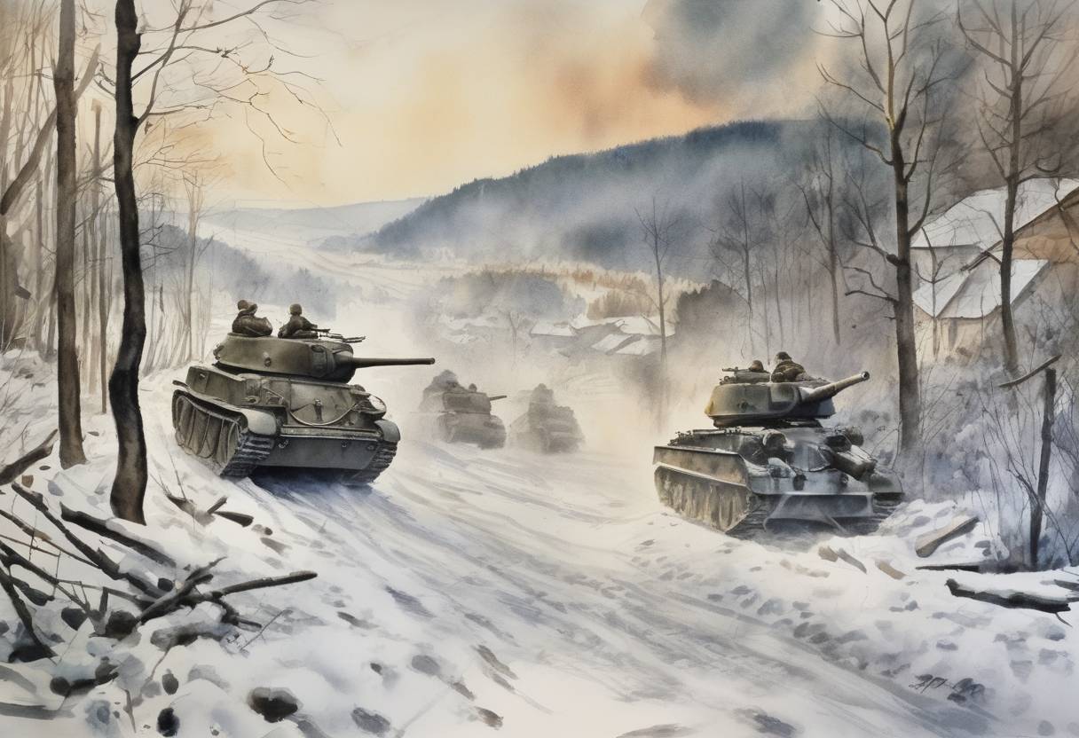 Watercolor painting based depiction of The Battle of the Bulge begins as German forces launch a surprise attack against Allied forces in the Ardennes region. (1944)