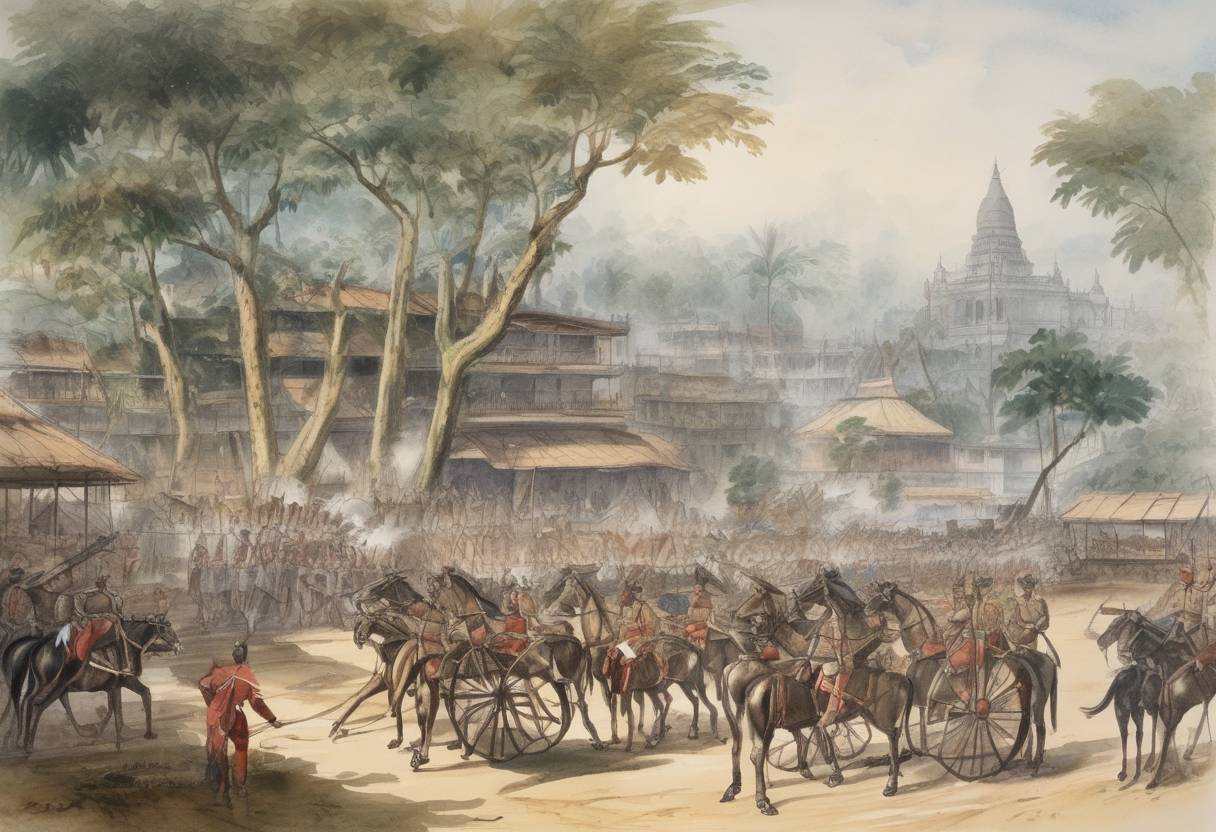 Watercolor painting based depiction of The First Anglo-Burmese War began, marking the start of hostilities between the British East India Company and the Kingdom of Burma. This conflict was part of the British expansion in Southeast Asia. (1824)