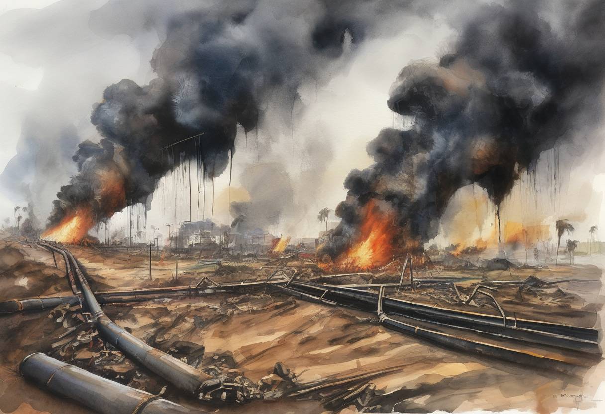 Watercolor painting based depiction of An oil pipeline exploded in Lagos, Nigeria, killing at least 260 people. The explosion was caused by thieves who were attempting to siphon oil from the pipeline. (2006)