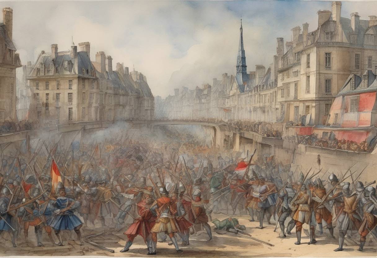 Watercolor painting based depiction of The Day of the Barricades in Paris, a turning point in the French Wars of Religion. (1588)