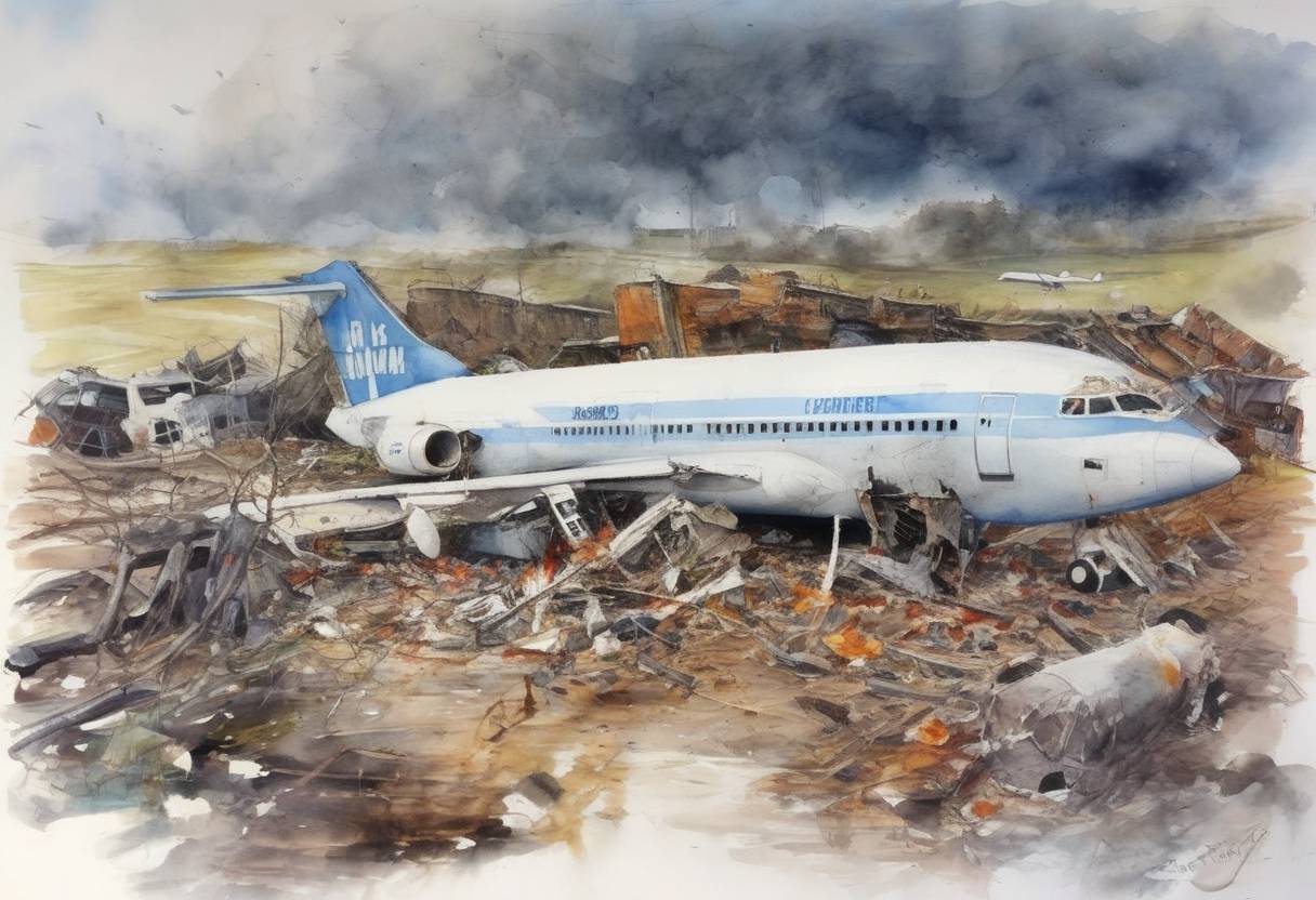 Watercolor painting based depiction of Pan Am Flight 103 was destroyed by a terrorist bomb over Lockerbie, Scotland, killing all 259 people on board and 11 on the ground, leading to international investigations and sanctions. (1988)