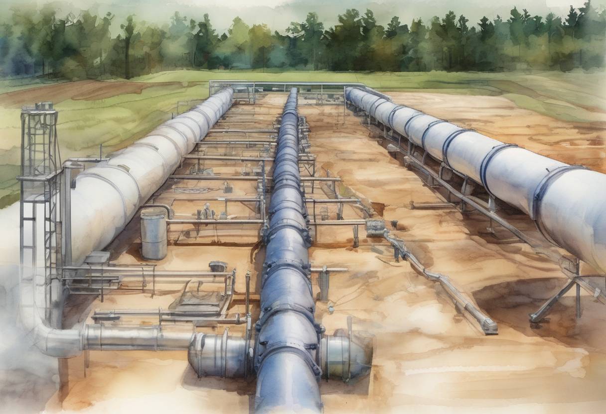 Watercolor painting based depiction of The Colonial Pipeline, a major fuel pipeline in the United States, resumed operations after a ransomware cyberattack caused a shutdown. (2021)