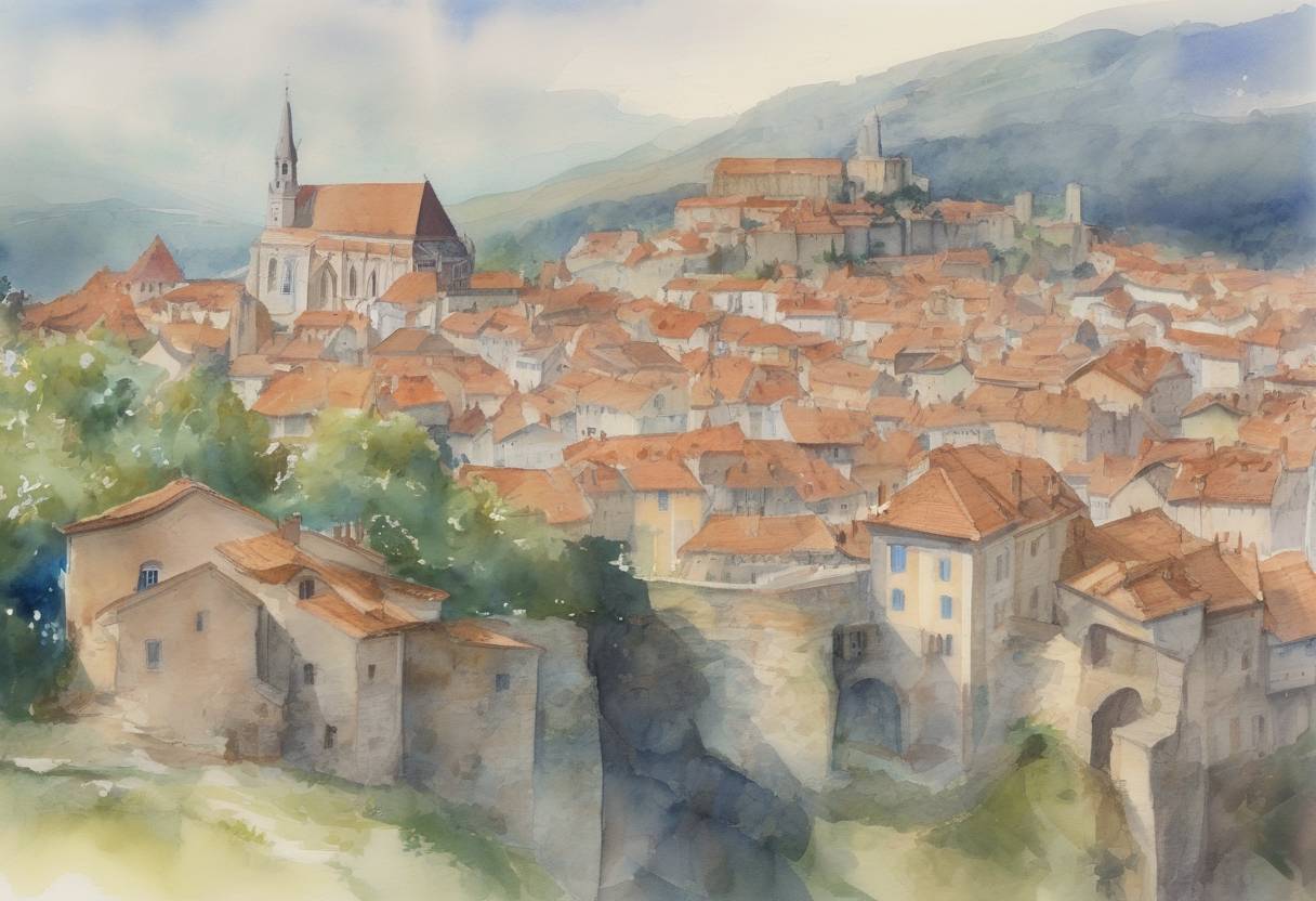 Watercolor painting based depiction of The Peace of God, a movement led by the Church to limit violence among feudal lords, was formally recognized in France, marking an early attempt at establishing peace and order in medieval Europe. (990)