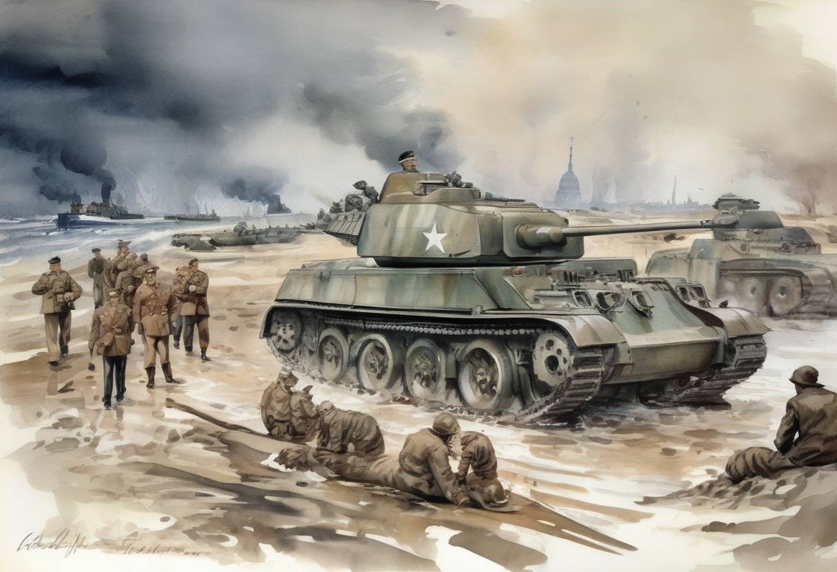 Watercolor painting based depiction of Adolf Hitler ordered the postponement of the invasion of Great Britain, known as Operation Sea Lion, during World War II. (1940)