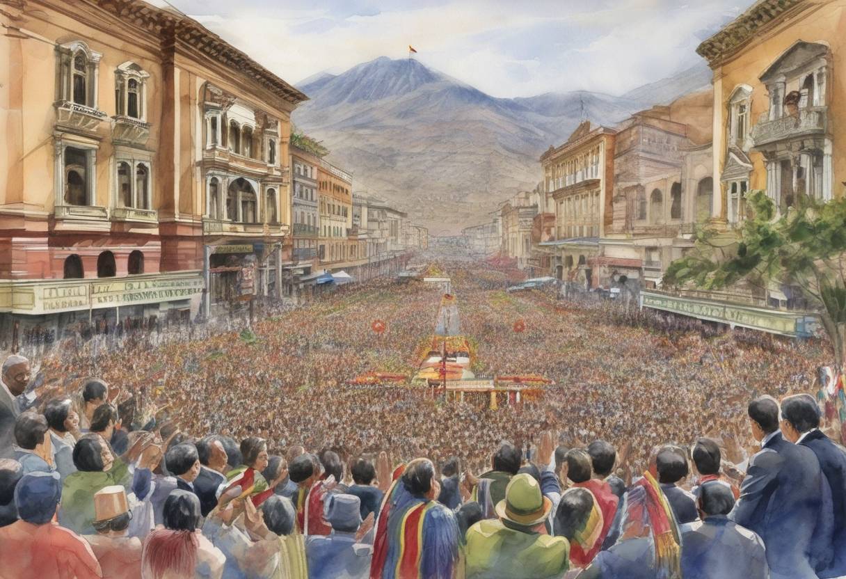 Watercolor painting based depiction of Evo Morales is inaugurated as the first indigenous president of Bolivia, marking a significant shift in the country's political landscape. (2006)