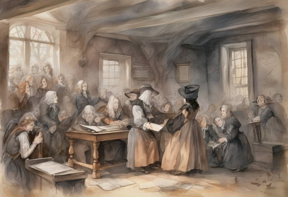 Watercolor painting based depiction of The Salem witch trials are ended by a letter from Massachusetts Governor William Phips. (1692)