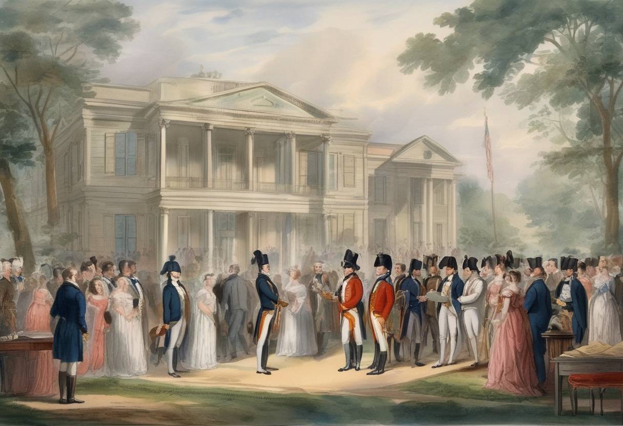 Watercolor painting based depiction of Louisiana Purchase: In St. Louis, a formal ceremony is conducted to transfer ownership of the Louisiana Territory from France to the United States. (1804)