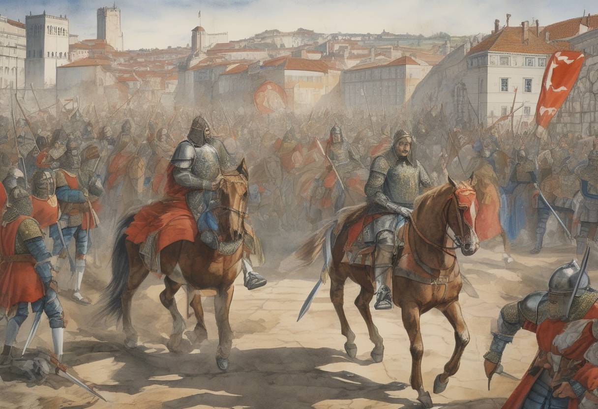 Watercolor painting based depiction of The 1383–1385 Crisis in Portugal begins with the death of King Ferdinand I, leading to a period of civil war and political instability. (1383)