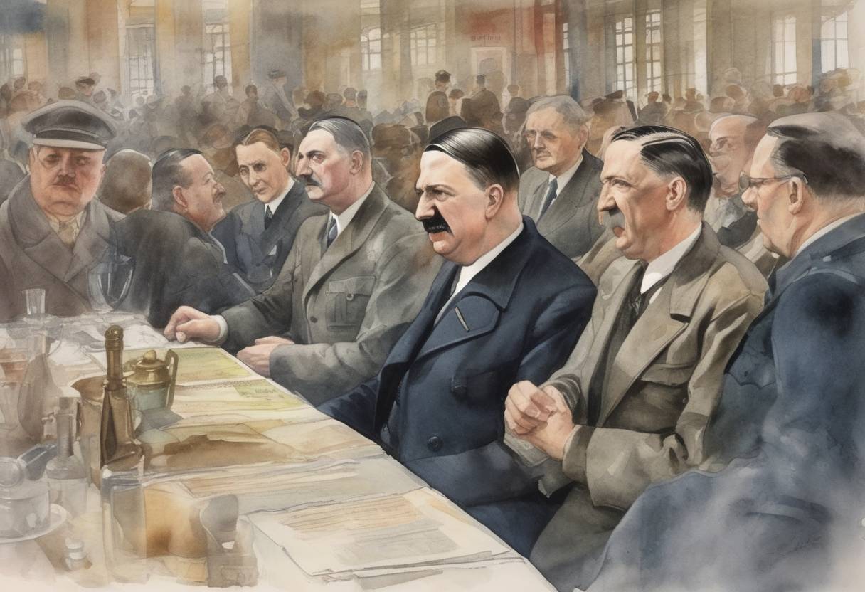 Watercolor painting based depiction of Adolf Hitler secretly met with German industrialists to secure funding for the Nazi Party's election campaign. (1933)