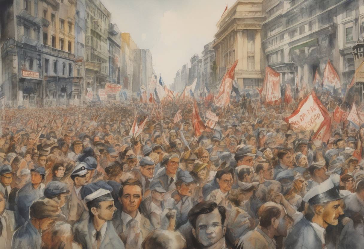 Watercolor painting based depiction of A massive demonstration of workers in Buenos Aires demanded the release of Juan Perón, leading to his return to power and eventual presidency of Argentina. (1945)